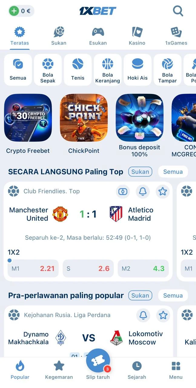 Screenshot antaramuka 1xBet dalam Bahasa Malaysia