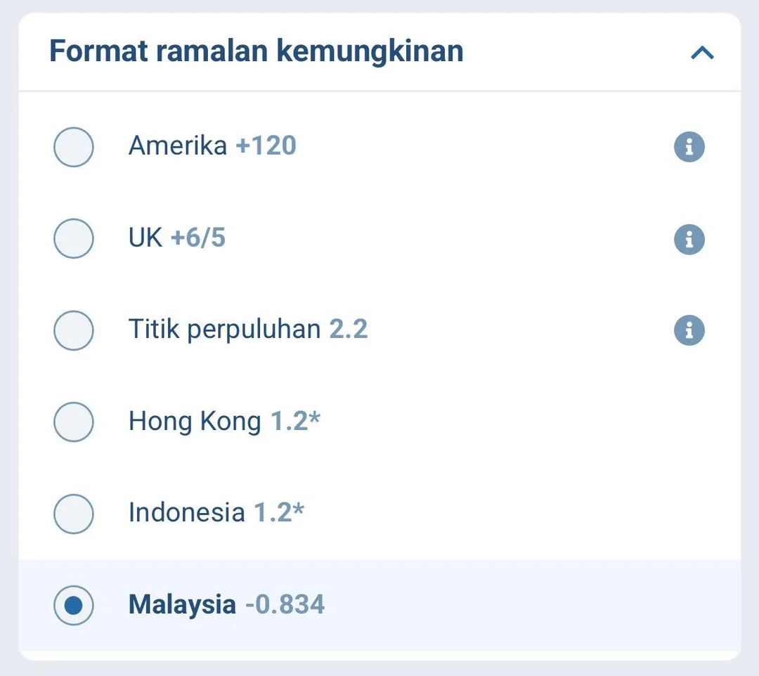 Contoh paparan odds Malaysia di laman 1xbet