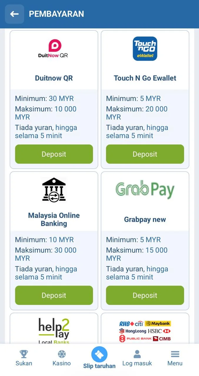 Antara muka deposit 1xBet Malaysia